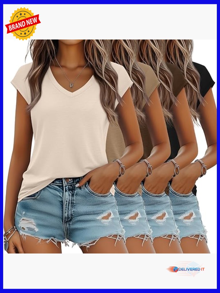 4 Pack V Neck Cap Sleeve T Shirts Trendy Basic Tees Summer Short Sleeve